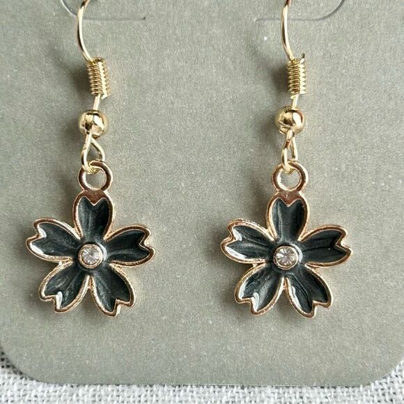 3/$15 Yellow Gold Black Enamel Rhinestone Flower Dangle Earrings - Picture 2 of 4